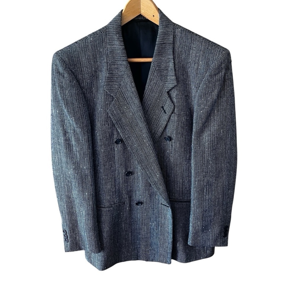 Andre Vachon Black Tweed Wool Double Breasted Sport Coat Blazer 40R